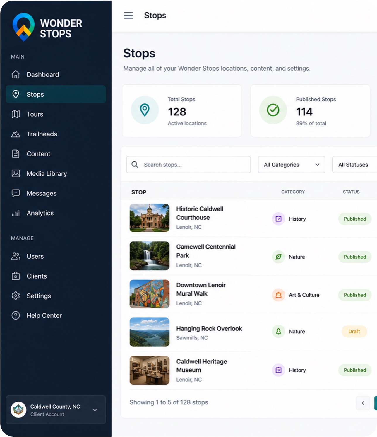 Wonder Stops admin dashboard managing stops